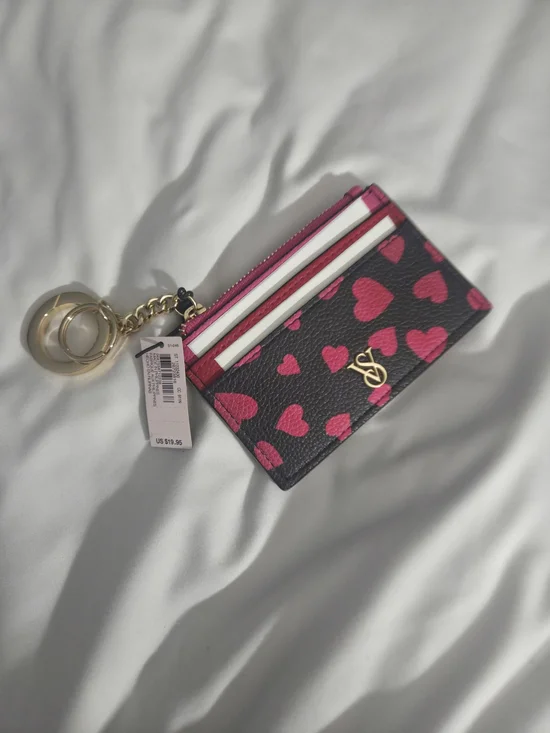 Victoria's Secret Black Card Holder Keychain with Pink Heart Print