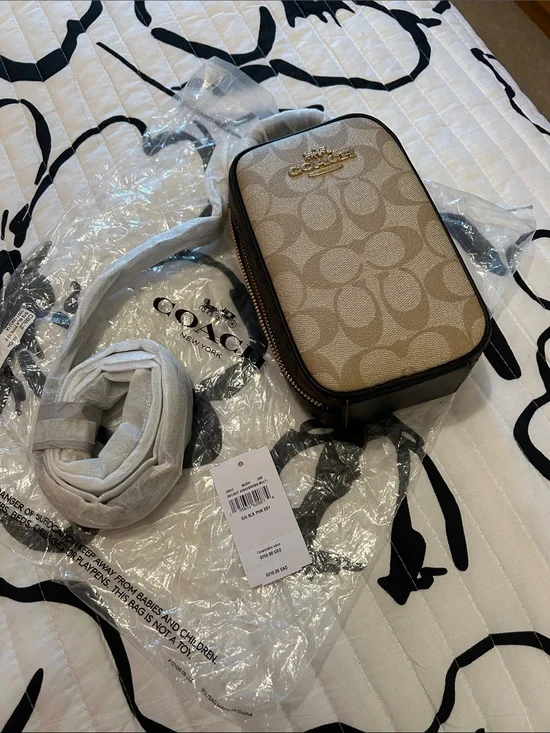 Coach Beige Signature Canvas Phone Crossbody with Chalk Trim