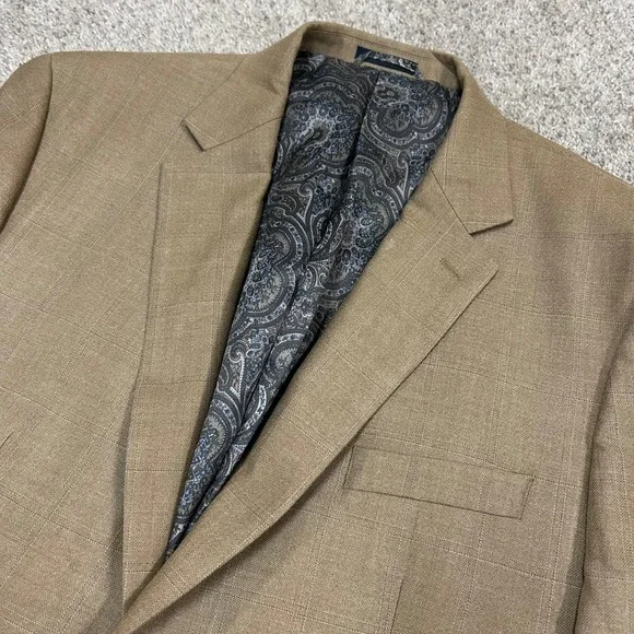 Ralph‎ Lauren Sport Coat Blazer 46L Tan Silk Wool Windowpane Two Button