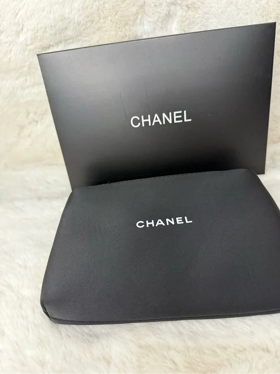 CHANEL Black Leather Accessories Pouch with White Logo