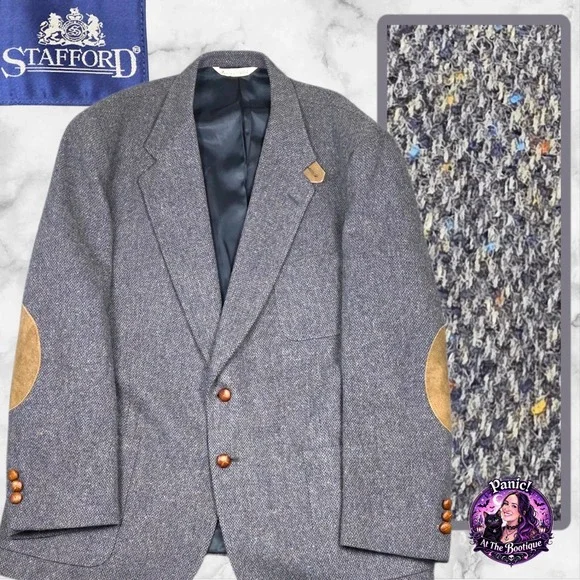 Stafford Blazer Mens 48R Grey‎ Lambswool Donegal Flecked Tweed Elbow Patches USA
