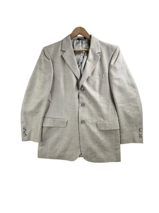 Jos A Bank Blazer Mens 39R Beige Windowpane Silk Wool Tweed Sport Coat Jacket