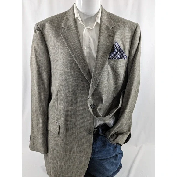 Jos A Banks Silk‎ Wool Gray Windowpane Blazer Sports Jacket Coat 46R Crosshatch