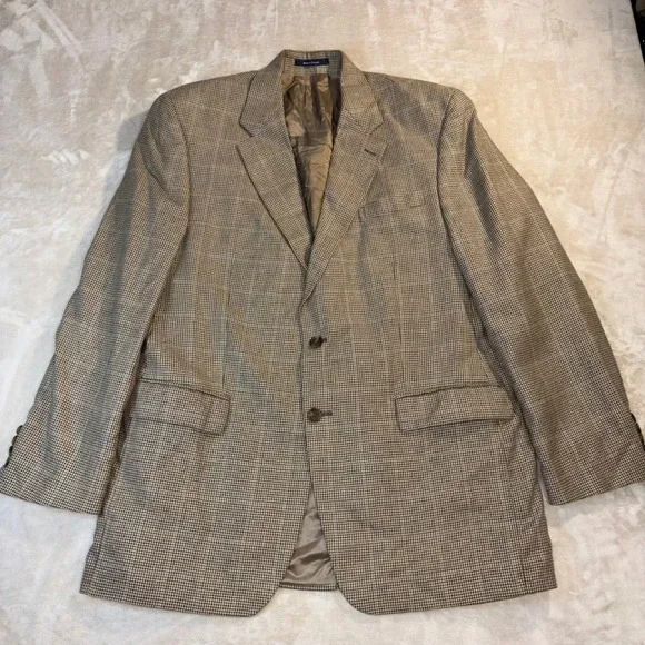 Chaps Ralph Lauren Silk Wool Linen Blazer 44L Brown Houndstooth Sport Coat