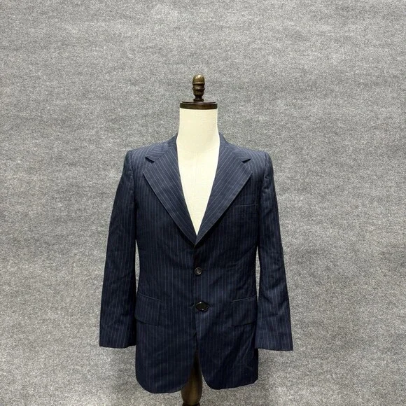 Vintage BB London Mens Navy Pinstripe Blazer Sport Coat 2 Button Wide Lapel