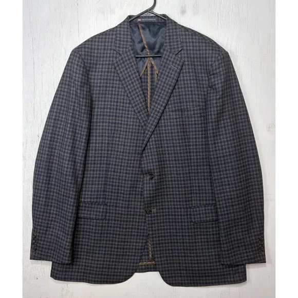 Mens Hart Schaffner Marx Sport Coat Jacket Size 48L Plaid Blue Brown USA Made