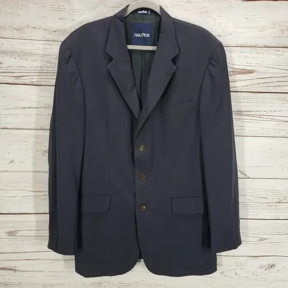 Nautica Men's Blue Wool 3 Button Mini Herringbone Sports Blazer Size 44L