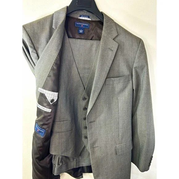Saddlebred Brown Gray Herringbone 3-Piece Suit 42L Single-Breasted Pants 34x32