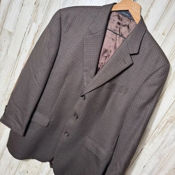 Ralph Lauren Brown Houndstooth Wool Blazer Elbow Patch Three Button Mens Size 44