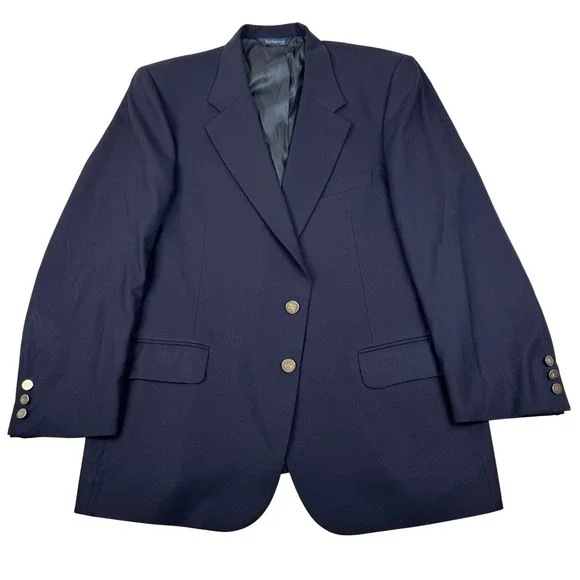 Burberrys Wool Blazer Mens 46 Navy Blue Gold Crest Button Vintage Sport Coat