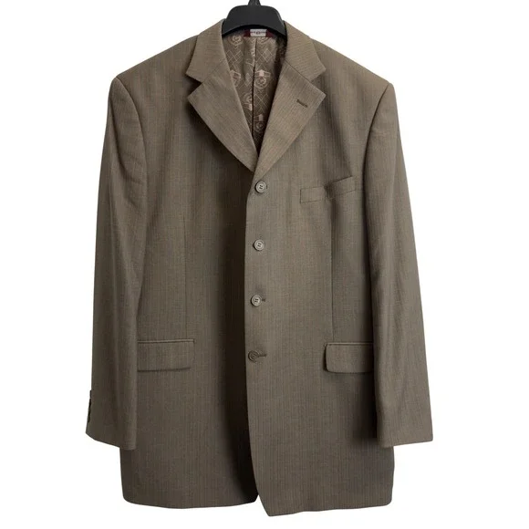 Phat Farm Prive Mens 44L‎ Blazer Olive Brown Pinstripe 4 Button Suit Jacket Coat