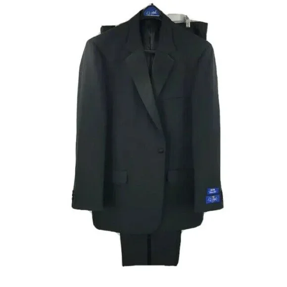 E.J. Samuel Men's Black 2 Piece Tuxedo Suit Satin Trim Pleated Front Pants