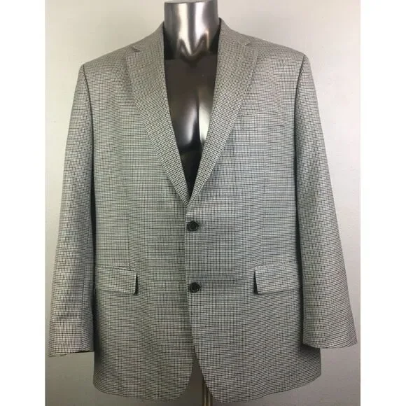 Mens Ralph Lauren Gray Houndstooth Jacket‎ 2 Button Size 46 R Silk Wool Blend