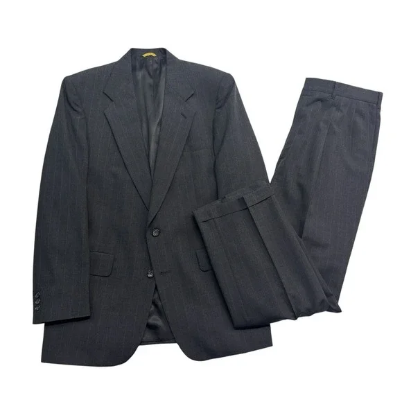 vtg 90s Sterling & Hunt 42L 36x31 Charcoal Stripe 2pc Pant Suit USA‎ 100% Wool