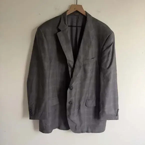 Peter Millar 100% Wool Blazer Sport Coat Size 48T Long Gray Windowpane Business