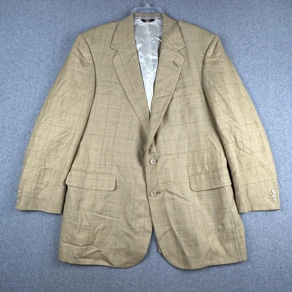 Vintage Corbin Blazer Mens 44L Beige Wool Plaid Sport Coat Suit Jacket USA