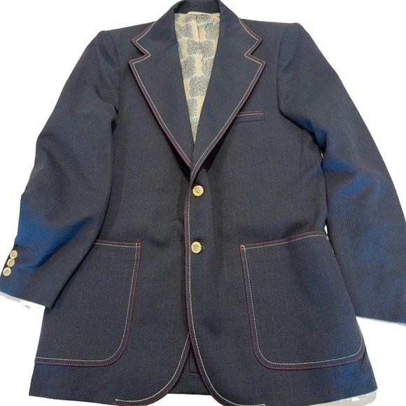 1950s Blazer Mens Navy Blue Red White Stitch Sport Coat Jacket 39