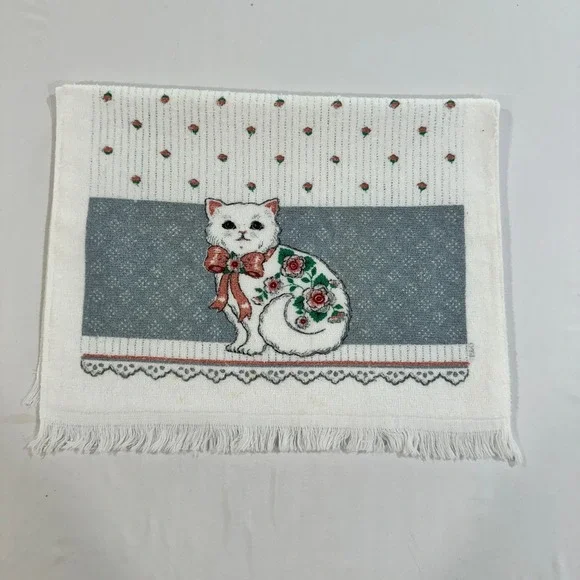 Vintage White Cat Floral Rose Hand Towel Fringed Cotton Terry Cloth Blue White