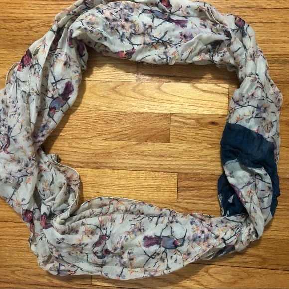 Ornate sheer pink‎ floral bird wrap scarf blue stripe stylish cottagecore
