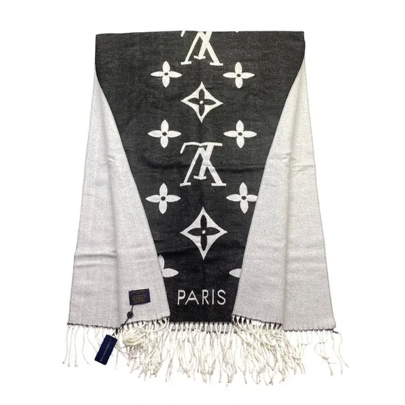 Louis Vuitton Monogram Scarf Black Silver Silk Wool M75748 MR0135 Made in Italy