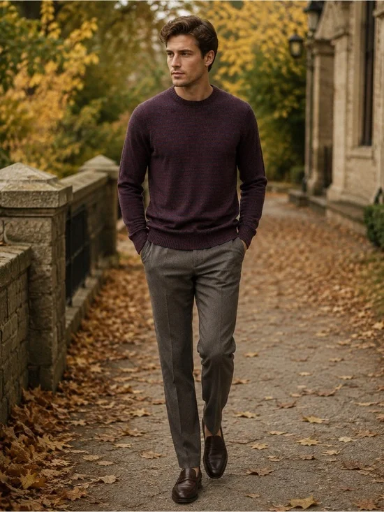 C/89Men Men’s Small 100% Merino Wool Striped Crewneck Sweater Burgundy Navy