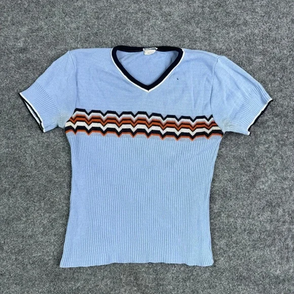 Coolwear Sweater Mens Large Blue Chevron Knit V-Neck Short Sleeve USA Made Retro