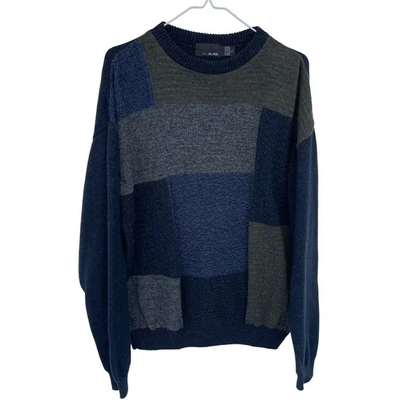 Vintage 90s‎ Bill Blass Mens Patchwork Knit Sweater Crewneck Large Colorblock