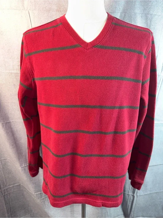 2267-Faded Glory Red V-Neck Sweater with Dark Green Stripes