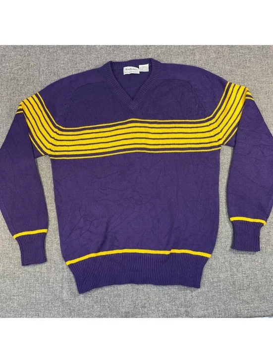 Vintage Men's 70s BRIAN MACNEIL Sportswear Long Sleeve V-Neck Knit Sweater M