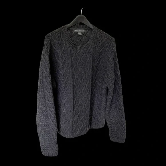 90's Banana Republic Mens XL Black 100% Wool Cable Knit Crewneck‎ Sweater