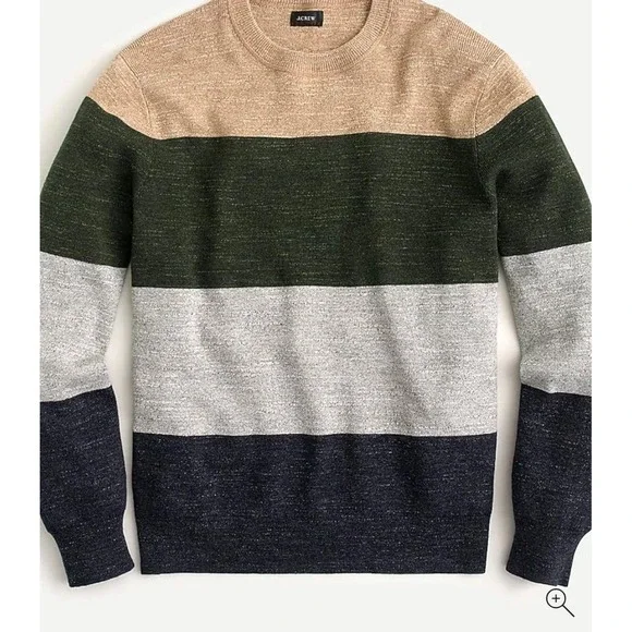 J Crew Mens Striped‎ Crewneck Sweater Cotton L Khaki Green Grey Navy