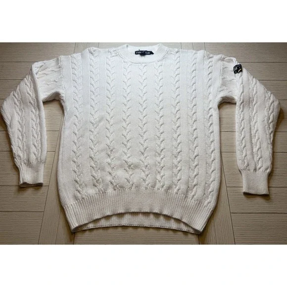 Nautica Mens White Ivory Tight-Knit Preppy Sweater Cable‎ Knit 100% Cotton Sz L