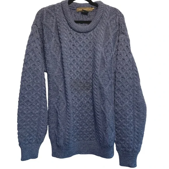 Inis Crafts Sweater Size M Blue Wool Cable Knit Aran Fisherman Made in Ireland