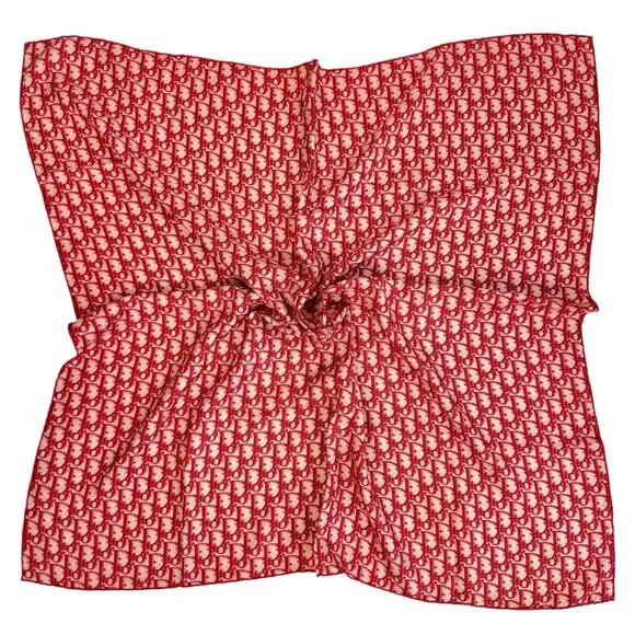 Christian Dior Red Trotter Monogram Print Square Silk Scarf