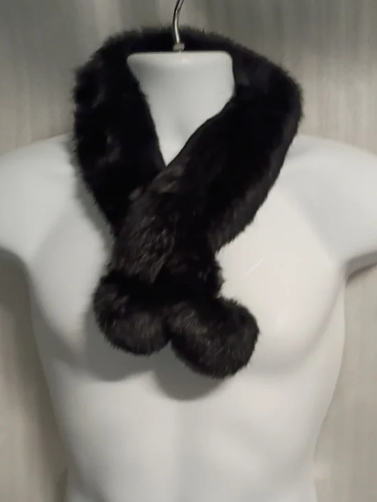 Black Rabbit Fur Scarf with Pom Details - Women Accessories