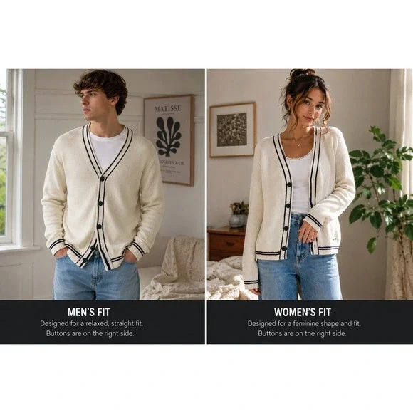 Hollister Unisex Varsity Cardigan Sweater L White‎ Black Striped Collegiate