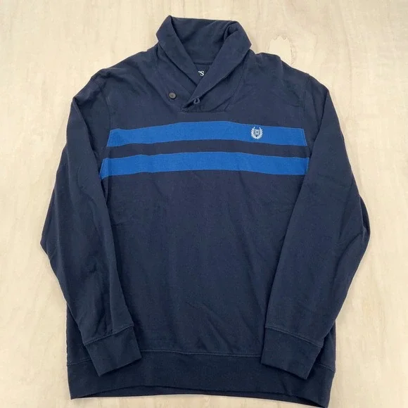 Chaps Pullover Mens L Navy Blue Striped Shawl Collar Cotton Preppy Sweater
