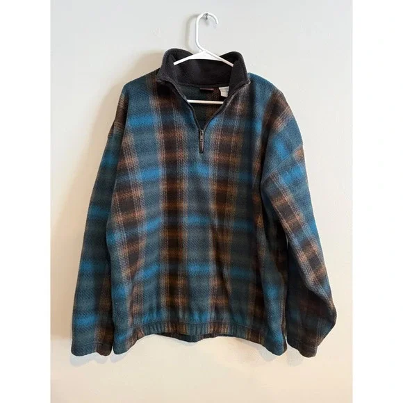 Vintage Bugle Boy Company Mens Plaid Fleece Quarter Zip Pullover‎ Blue Brown M