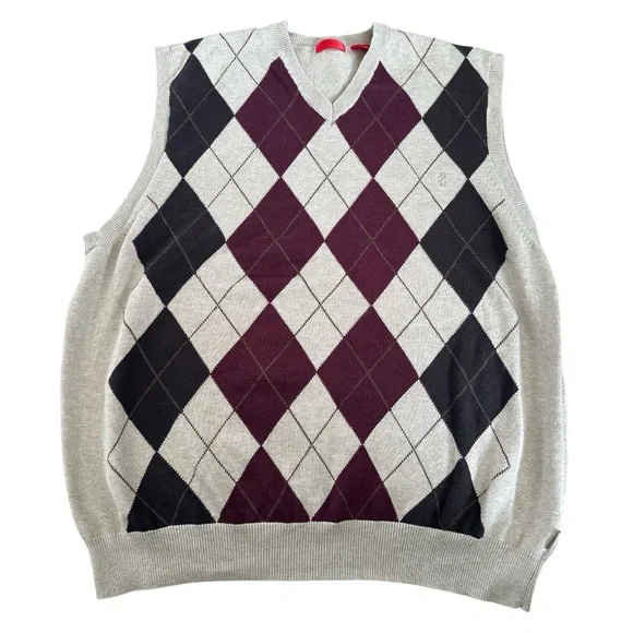 IZOD Men’s Argyle Sweater Vest Burgundy Brown Preppy Golf Academia XL