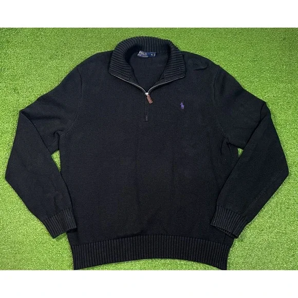 Ralph Lauren Polo Knit Sweater XL Black Pullover‎ 1/4 Zip Preppy Purple Pony