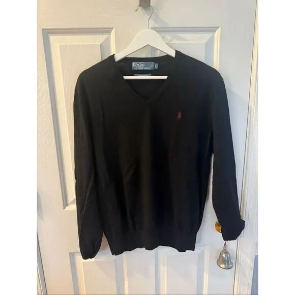Polo by Ralph Lauren Black 100% Merino Wool V-Neck Sweater sz L EUC