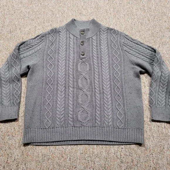 LL Bean Cable Knit Sweater Men XL Gray Organic Cotton Fisherman Henley Mock Neck