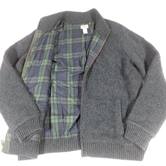 LL Bean Shacket Lambswool Cardigan‎ Sweater XL Blue Green Plaid Flannel Lined