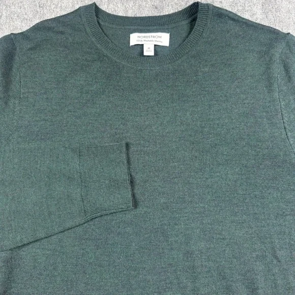 Nordstrom Sweater Mens Medium Green Washable Merino Wool Crewneck Quiet Luxury