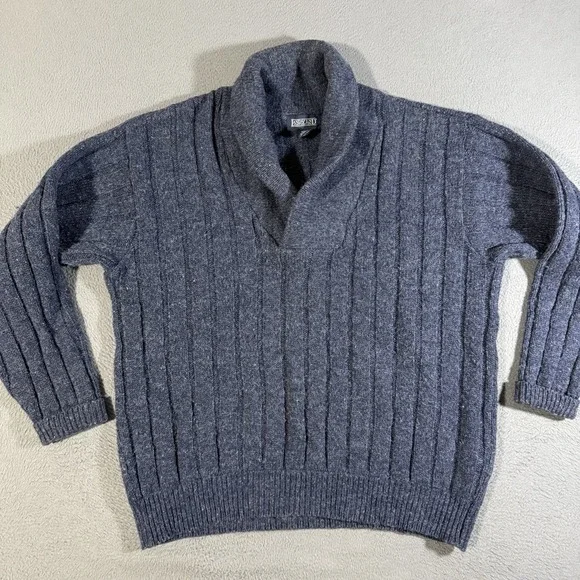 VTG Lands End Shawl Sweater Men‎ Large Blue Wool Fisherman Pullover Ribbed Knit
