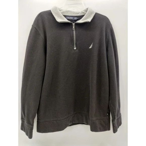 Nautica Mens XL Quarter Zip Pullover Sweatshirt Black Grey Fleece Mock Neck Logo