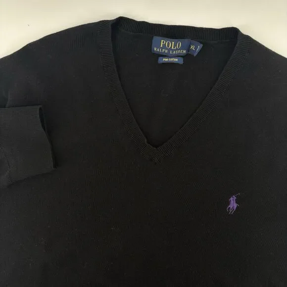 Polo Ralph Lauren Sweater Men XL Black‎ V Neck Pima Cotton Pullover Purple Pony