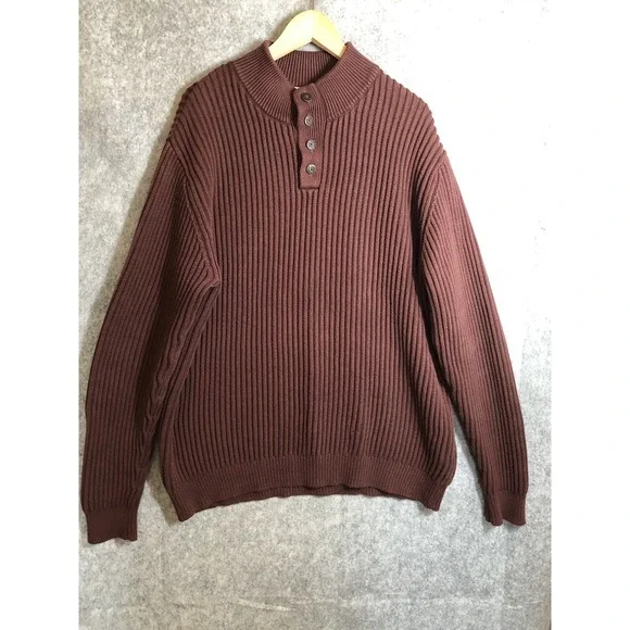 L.L. Bean Sweater Mens XL Tall Maroon Red Henley Cotton Crew Fisherman Classic