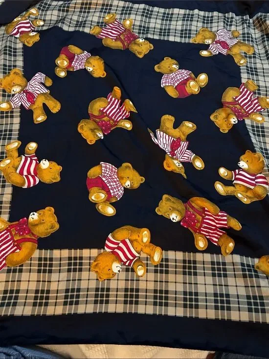 Vintage  Teddy Bear Print Plaid Scarf - Navy & Gold