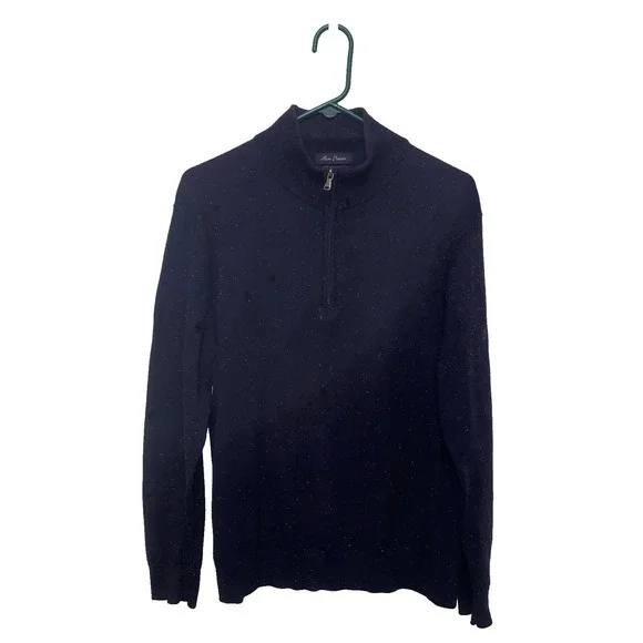 Alan Flusser‎ Mens Navy Blue Cotton Cashmere Donegal Fleck Quarter Zip Sweater M